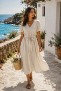 Elegant Cotton Blend V-Neck Midi Dress | Relaxed A-Line Summer Dress