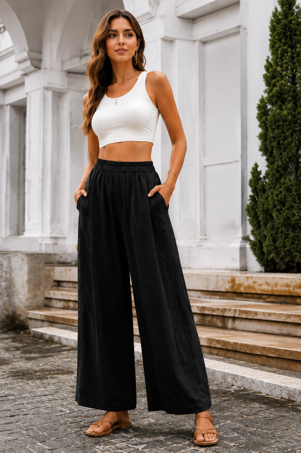 Willow Embroidered Cotton -Linen wide-Leg Pants