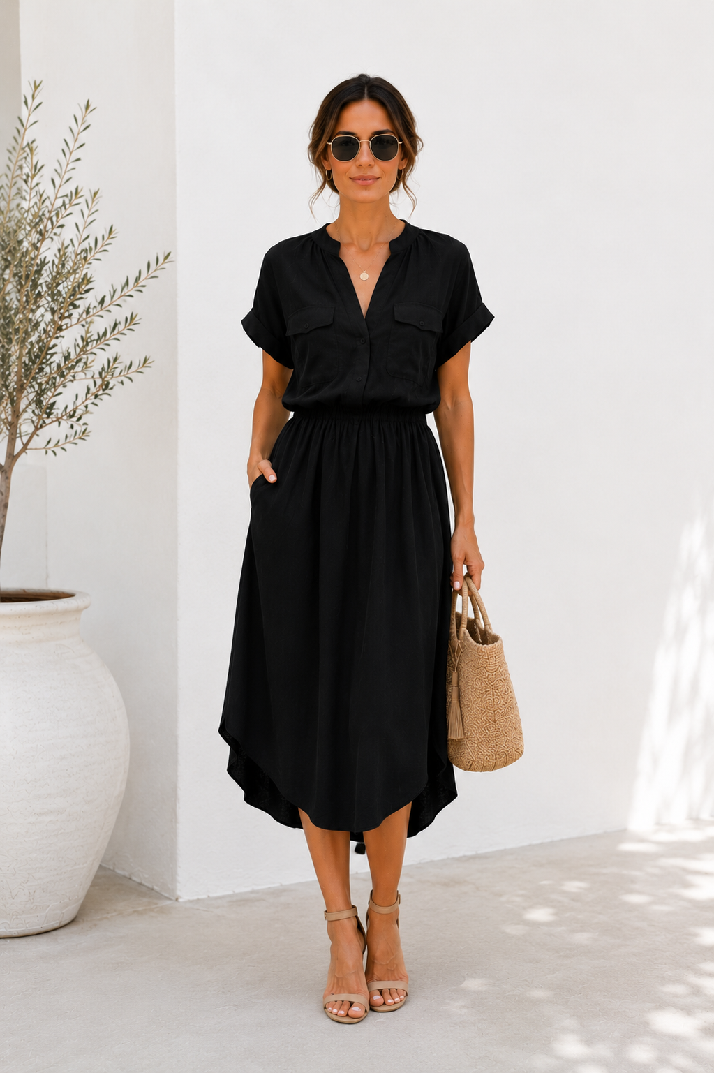 Effortless Midi Dress – Black Cotton dress
