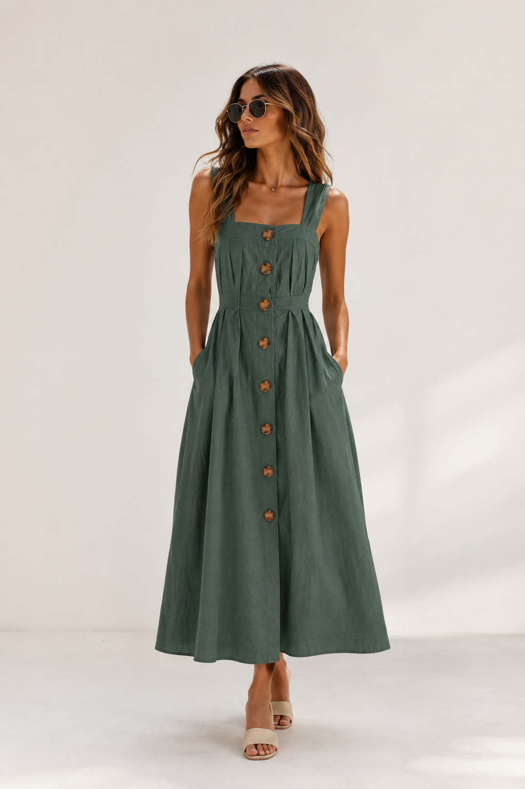 Santorini Breeze Linen Blend Maxi Dress | Sleeveless Button Front Summer Dress with Pockets