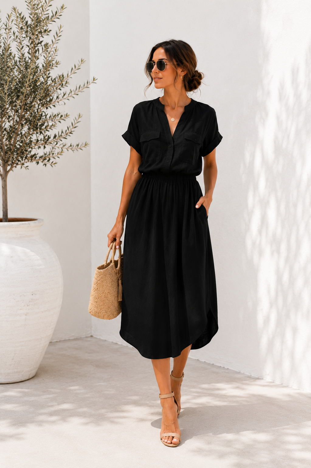Effortless Midi Dress – Black Cotton dress