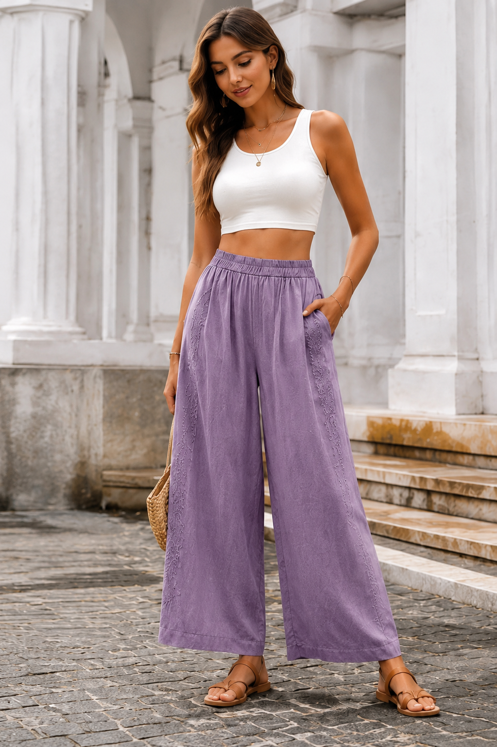Willow Embroidered Cotton -Linen wide-Leg Pants